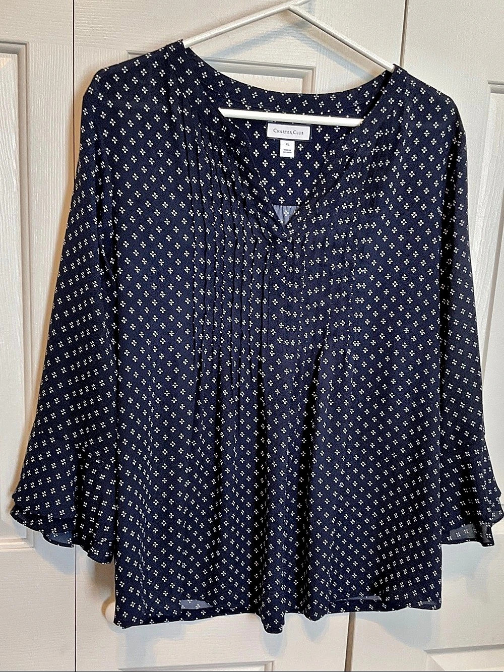 Charter Club Printed Bell Sleeve Top Blouse Blue & White XL